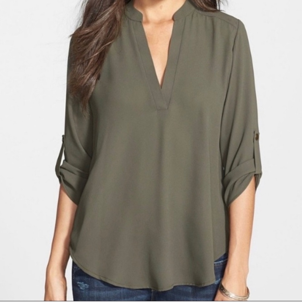 Lush Split Neck V Roll Sleeve Blouse Army Olive